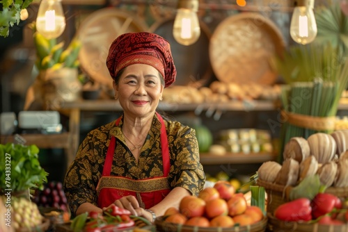 Happy elderly woman wearing a traditional hat smiling in a well-lit bakery market photo