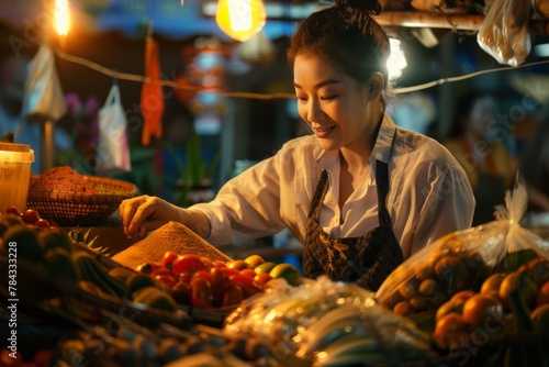 An evening ambiance as a market vendor arranges fresh fruits and vegetables at a warmly lit local market stall