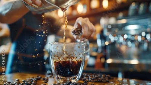 black drip coffee in glass cup, Barista making drip coffee by pouring spills hot water on coffee bean.