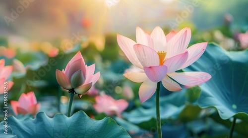 Bloom lotus with leaf under sunshine in summer.