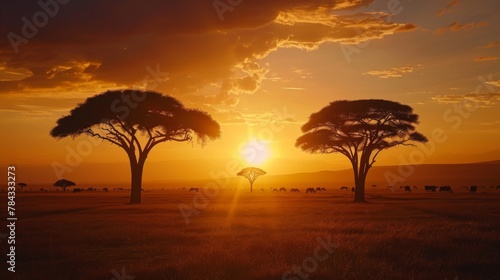 Breathtaking sunrise scene in Africa with the sun rising behind a silhouetted tree  illuminating the savannah landscape