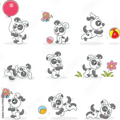 Funny little spotted black and white puppy playing with its toys on a walk in a park, set of vector cartoon illustrations on a white background © Alexey Bannykh