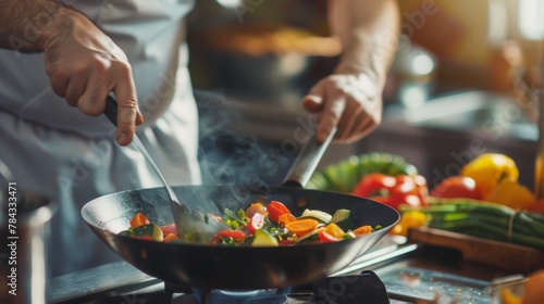 Chef is stirring vegetables in wok