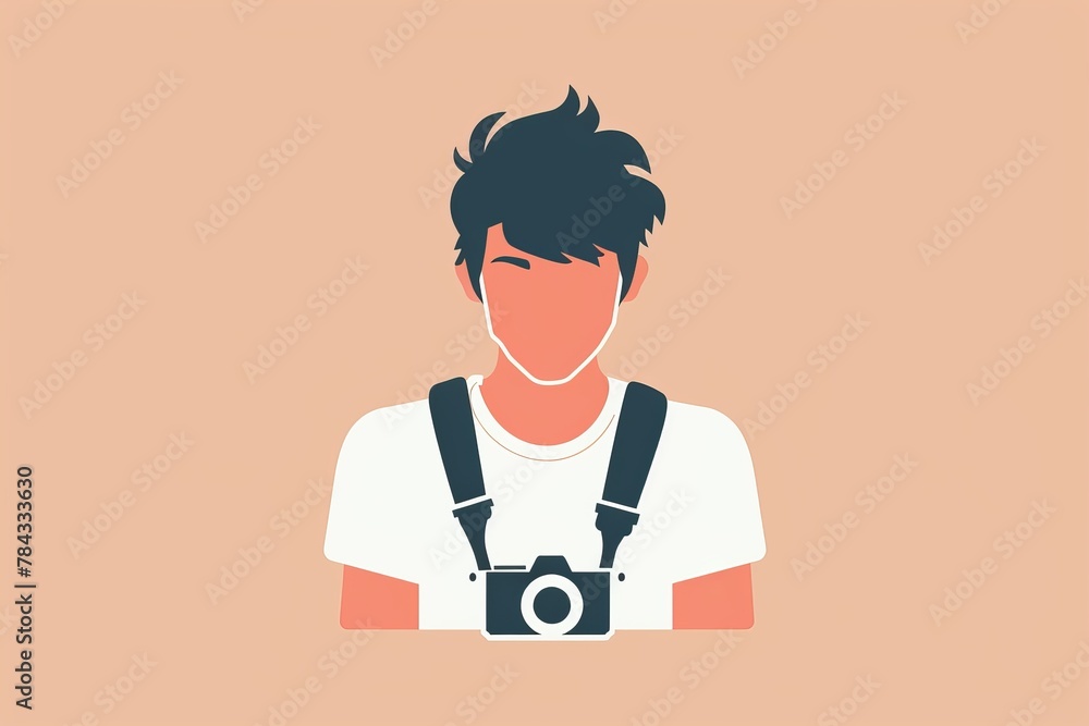 Simplified graphic representation of a photographer with a camera against a plain background