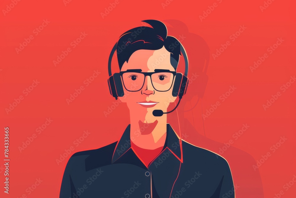 This graphic shows a male customer support representative with a headset, portrayed in a modern flat design style This graphic shows a male customer support representative with a headset, portrayed in a modern flat design style