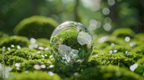 Crystal globe putting on moss, ESG icon for Environment Social and Governance, World sustainable environment concept.