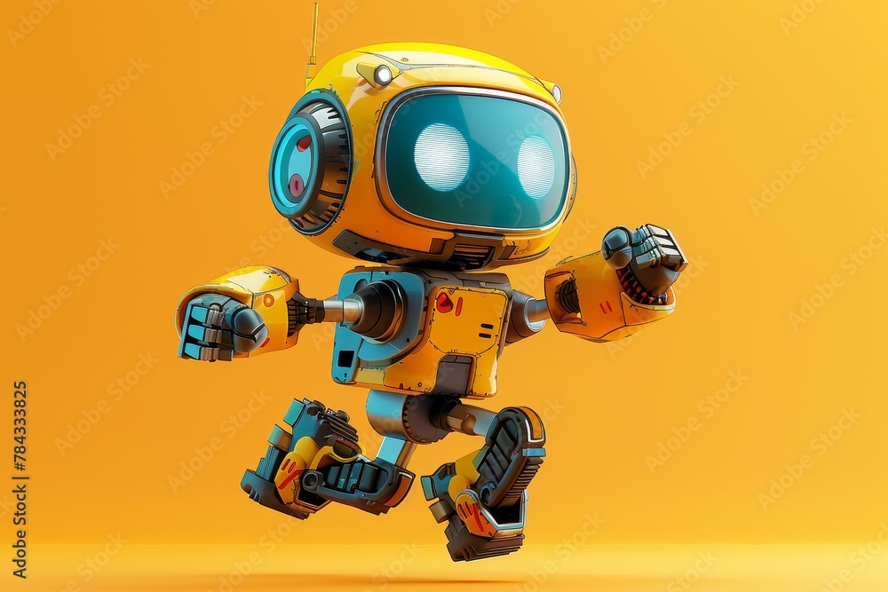 A vibrant and playful cartoon robot, perfect for kids' media, in a colorful and friendly 3D pose