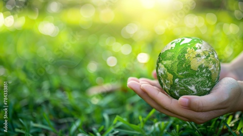 Environment Earth Day In the hands holding green earth on Bokeh green Background, Saving environment, and environmentally sustainable. Save Earth.