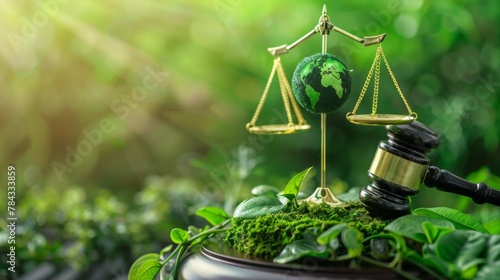 Environment Law. Green World and gavel with scales of justice on the green. law for principles of sustainable environmental conservation.