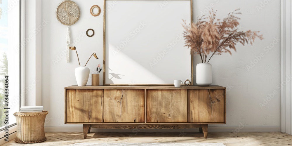 Mock up frame in home interior background, white room with natural wooden furniture, 3d render, 3d illustration Mock up frame in home interior background, white room with natural wooden furniture, 3d render, 3d illustration