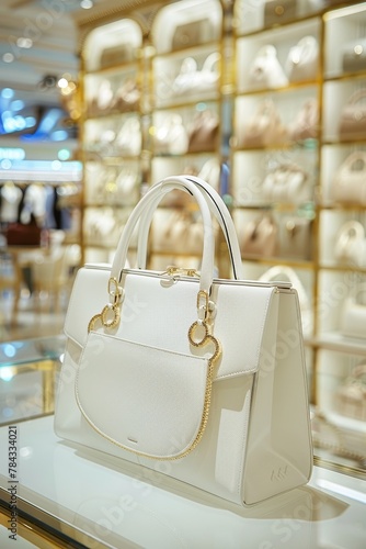 Bag mockup for a designer handbag displayed in a chic urban fashion store, elegant and stylish