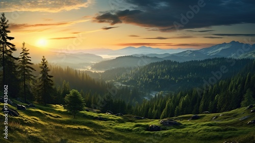 Green forest with beautiful sunrise view seen from highland. 