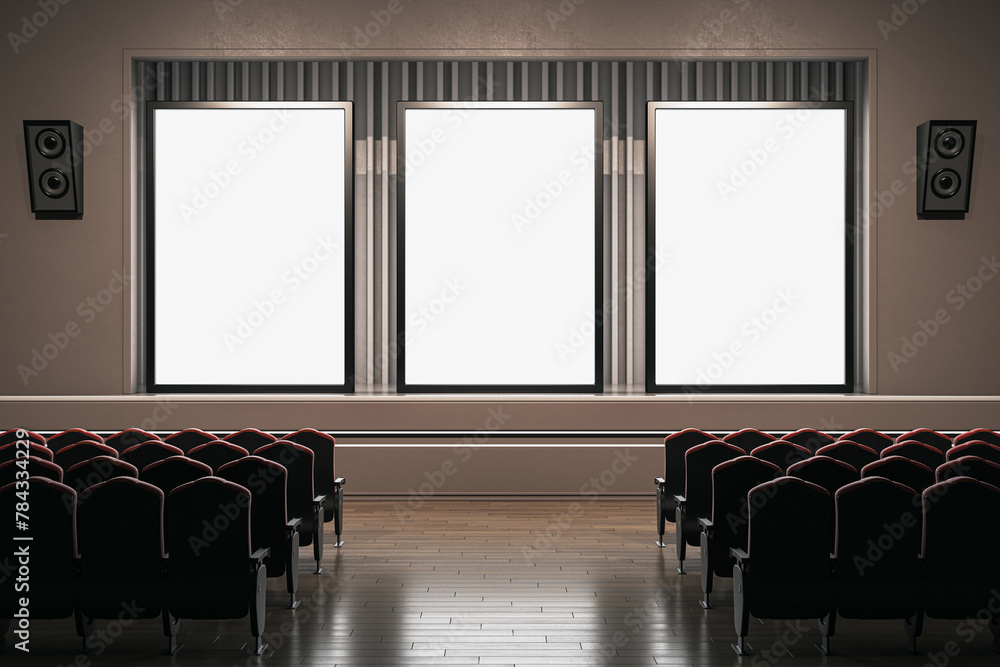 Dark themed cinema hall with triple screen setup for an immersive experience. 3D Rendering Dark themed cinema hall with triple screen setup for an immersive experience. 3D Rendering