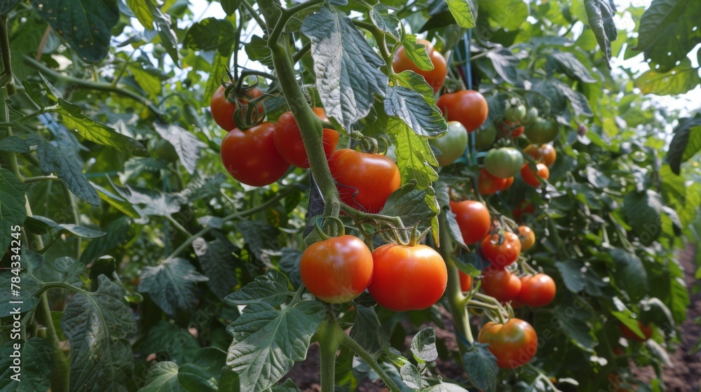 Fresh ripe red tomatoes and the tomato is not ripe yet hanging on the vine of a tomato tree in the garden. Fresh ripe red tomatoes and the tomato is not ripe yet hanging on the vine of a tomato tree in the garden.