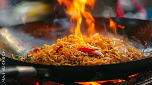 fried noodles cook in pan with big fire flame is hong kong style. Pad Thai favorite and famous Asian Thai street fast food in hot pan, Pad Thai is fried rice noodle dish a street food Thailand