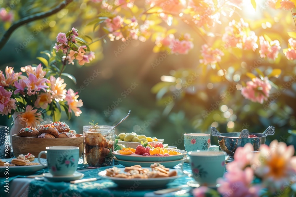 Mothers Day brunch set with pastel decor and flowers in a heartwarming garden backdrop for family celebration