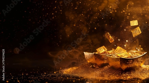 Gold Ingot Chinese Money bar token fly with dust particle in air. Chinese new year Yuanbao gold ingots floating to golden money sand particle.