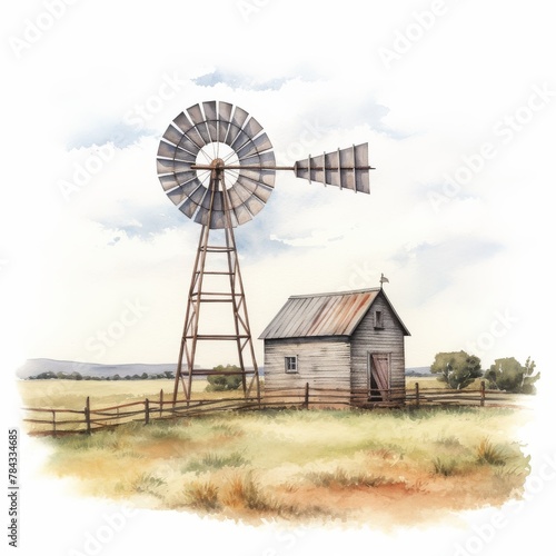 Artistic watercolor depicting a serene rural scene with a traditional windmill and barn amidst a peaceful field, evoking the essence of country living.