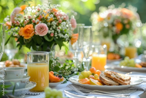 The family Mother Day brunch table, adorned with pastel decor and flowers, exuded a heartwarming vibe against the sunny garden backdrop