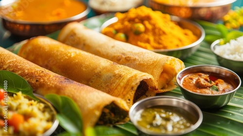 Group of South Indian food like Masala Dosa, Uttapam, Idli/idly, Wada/vada, sambar, appam, semolina halwa, upma served over banana photo