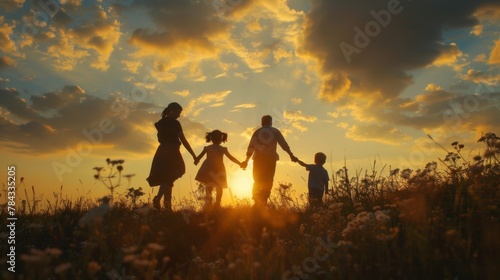 In the general plan, against the background of the sunset sky, silhouettes of a family with two young children move from left to right, everyone holds hands and merrily walks and leaves the frame photo