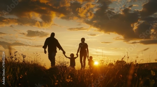 In the general plan, against the background of the sunset sky, silhouettes of a family with two young children move from left to right, everyone holds hands and merrily walks and leaves the frame photo