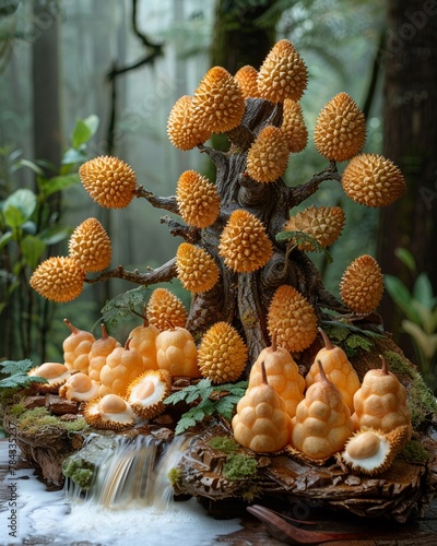 Durian cake in a fantasy world, sweet and strange, enchanting the senses
