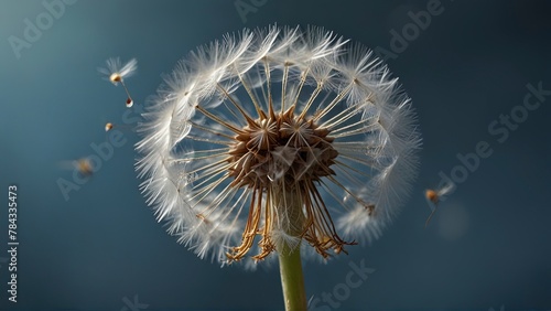 A delicately precariously dandelion seed head  each seed poised for flight  set against a dreamy blue sky. This enchanting and evocative image captures the essence of fleeting beauty in nature. The ex