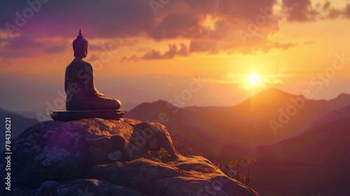Silhouette of Buddha on mountain in sunset light © Plaifah