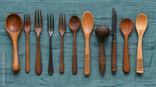Wooden cutlery set arranged on a natural linen tablecloth, perfect for an eco conscious dining experience