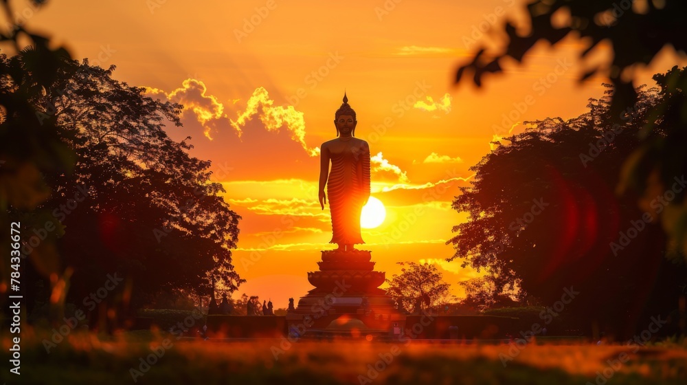 Stand big tall walk Buddha Statue in sun set Light background in park of thailand temple.Yellow orange light silhouette dark