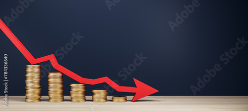 Stacked coins and a red arrow graph representing financial crisis on a dark blue background, concept of market crash. 3D Rendering photo