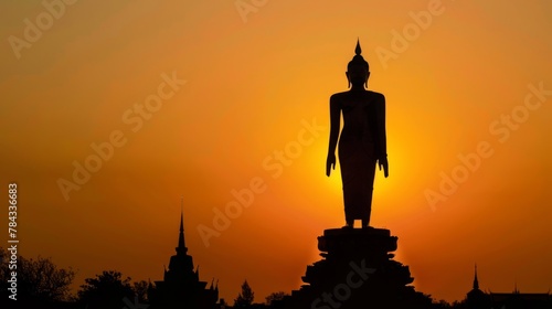 Stand big tall walk Buddha Statue in sun set Light background in park of thailand temple.Yellow orange light