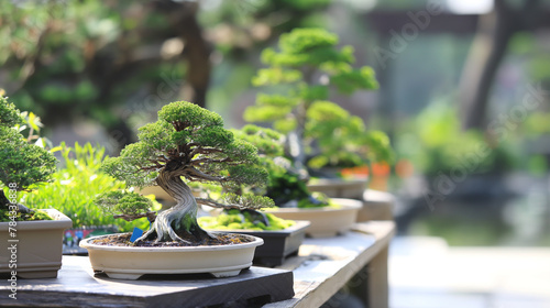 Photos of bonsai trees for sale  grown from different tree species. There are rows of plant seedlings in the nursery. Plant store  garden store  plant sales business.