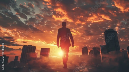 The businessman running up to rising sun sky over his urban. photo