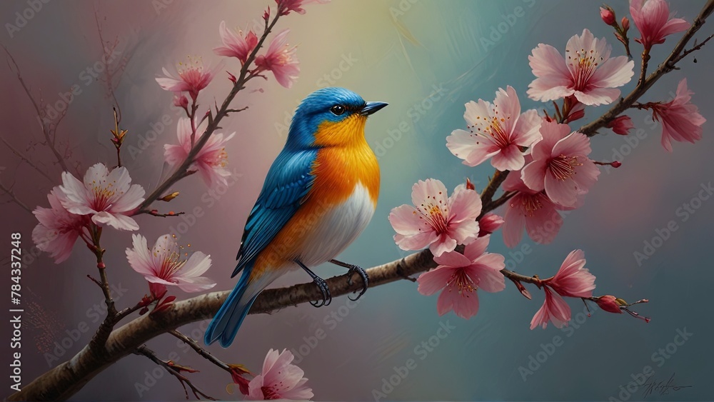 A gracefully perched songbird, its vibrant feathers a symphony of hues: rich reds, electric yellows, and deep blues. The cherry blossoms around it are in full bloom, casting a soft pink glow in the ba