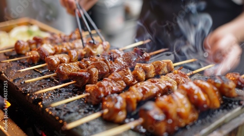 Yakitori Barbeque (BBQ) being grilled by street food store in Shinjuku, Tokyo, Japan.