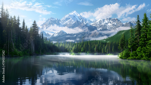 Serenity Embodied: Pristine Lake Encapsulated by Verdant Forest and Majestic Mountain