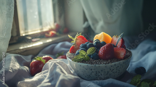 Acai smoothie bowl topped with strawberry, blueberries and orange with morning light and generative AI. Concept of healthy eating, healthy lifestyle and vegan food