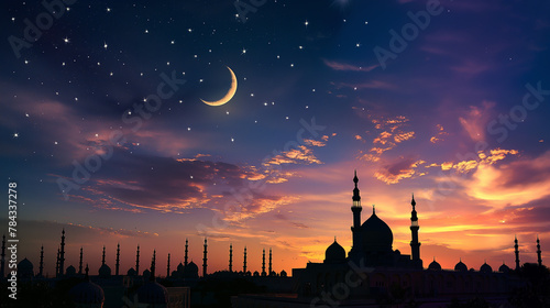 Silhouette mosques with moon on dusk sky twilight generative AI