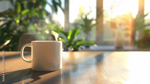 A white mug of hot coffee on nature blurred background photo