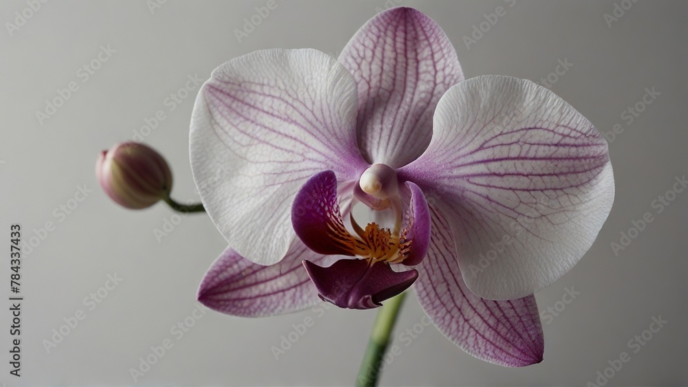 Fototapeta premium A gracefully wilting orchid flower, every petal delicately etched with intricate veins and soft hues of pink and purple against a stark white backdrop. This captivating image, possibly a photograph, c