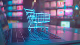 Concept of online shopping and payment. Laptop with a shopping cart, order in the online store, shopping on the Internet, the concept on the virtual screen.