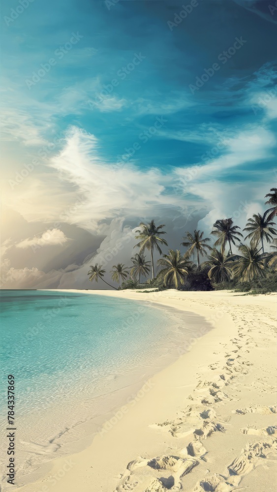 Beautiful romantic background wallpaper for phone stories and social networks tropical coast with palm trees