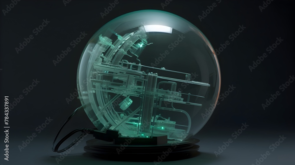 Illuminating Translucent Circuit-Embellished Sphere In Darkness Illuminating Translucent Circuit-Embellished Sphere In Darkness