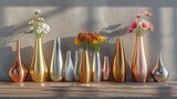 A collection of tall, slender metallic vases in brushed gold, silver, and copper finishes, arranged on a wooden shelf