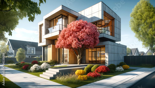 modern home with tree blossom