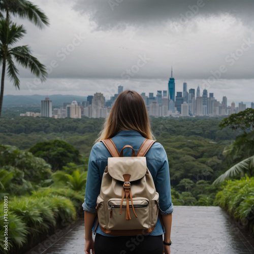 A Girl with backpack travelling on the city on summer vacation. Backpacking vacation concept