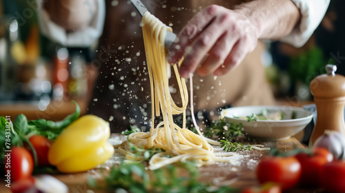 A photo of A chef preparing a vegan twist on a classic Italian pasta dish, using plant-based ingredients to honor Italian culinary traditions while catering to modern dietary preferences