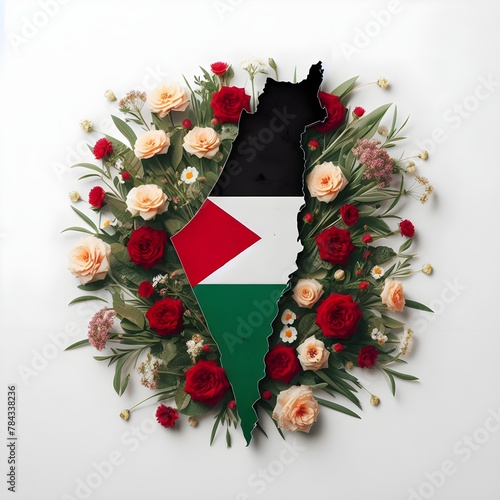 3d render of Palestine map with flowers and Palestine flag inside the map. The flag is surrounded by flowers and plants, symbolizing growth and resilience. creating an atmosphere of hope and unity photo